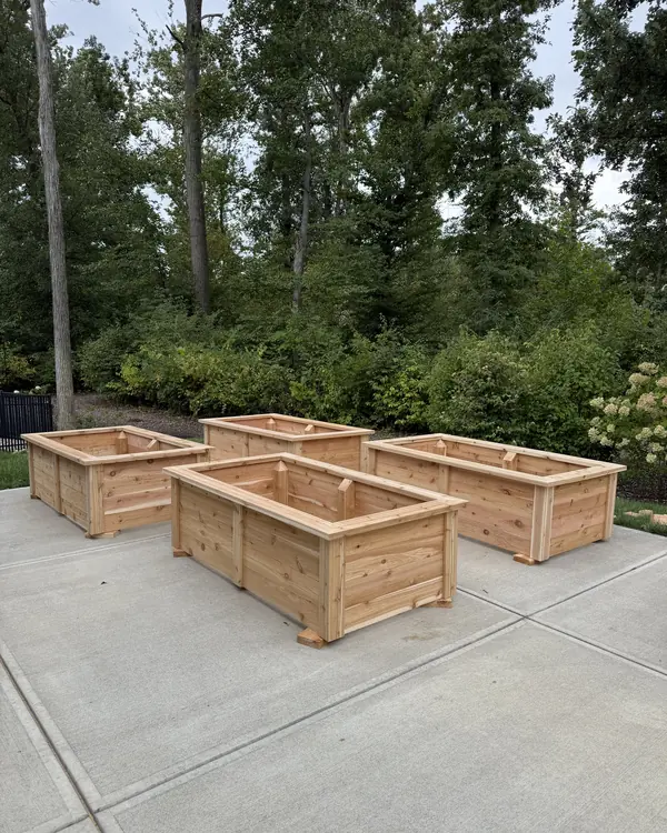 Finished set of cedar raised garden beds, wide view