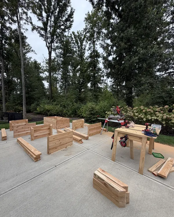 Cedar raised bed panels being assembled