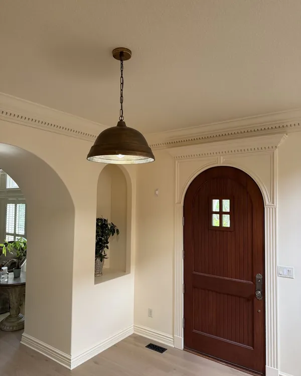 Entryway pendant light beside an arched wood door
