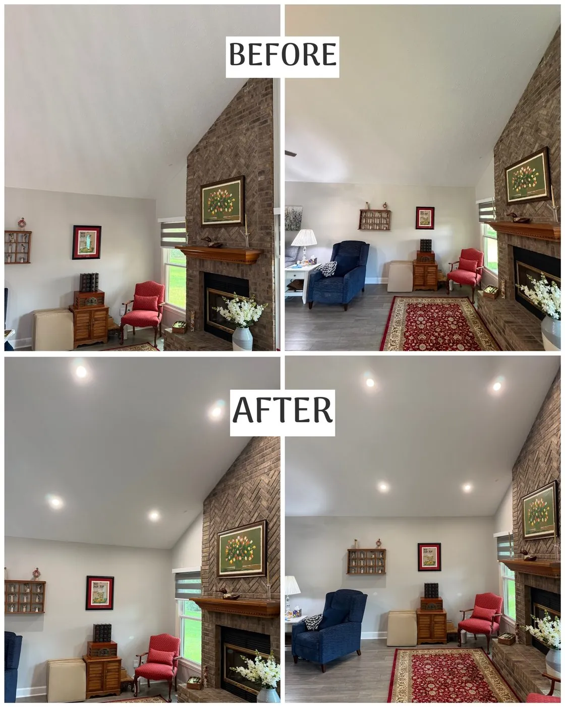 Before and after: recessed lighting added to a vaulted living room